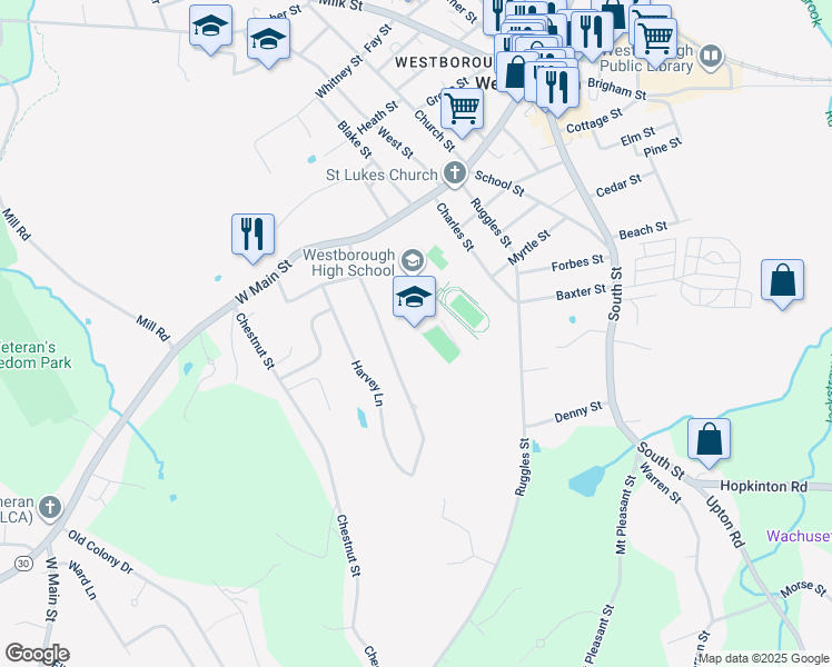 map of restaurants, bars, coffee shops, grocery stores, and more near 90 West Main Street in Westborough