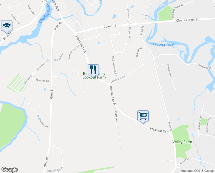map of restaurants, bars, coffee shops, grocery stores, and more near 109 Pleasant Street South in Natick