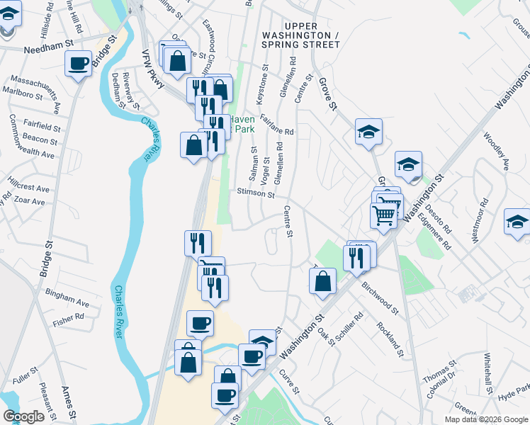 map of restaurants, bars, coffee shops, grocery stores, and more near 120 Vogel Street in Boston