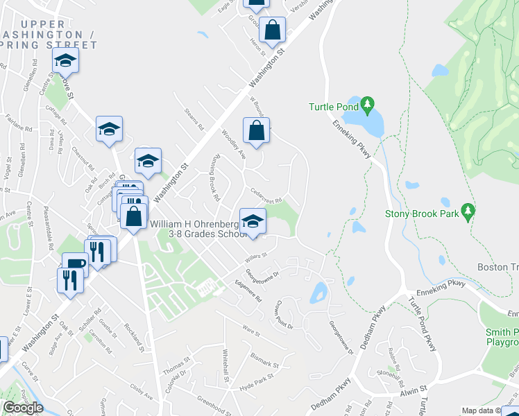 map of restaurants, bars, coffee shops, grocery stores, and more near 5 Cedarcrest Circle in Boston