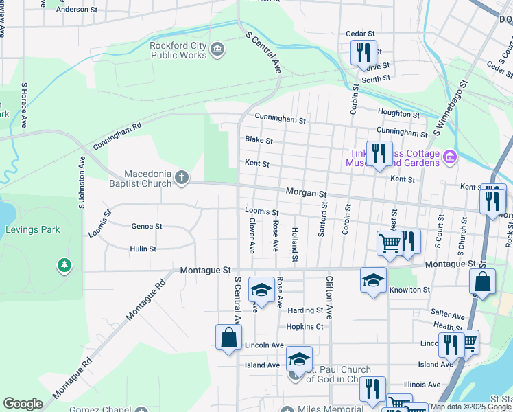 map of restaurants, bars, coffee shops, grocery stores, and more near 1229 Loomis Street in Rockford