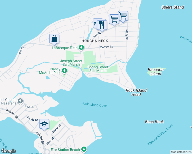 map of restaurants, bars, coffee shops, grocery stores, and more near 73 Spring Street in Quincy