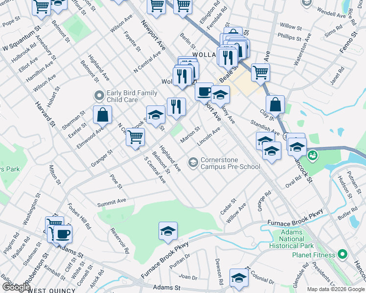 map of restaurants, bars, coffee shops, grocery stores, and more near 23 Prospect Avenue in Quincy