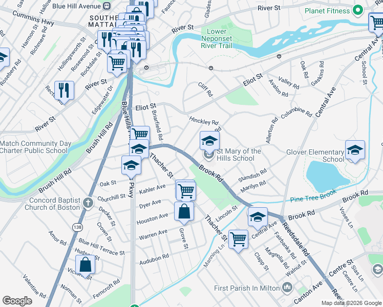 map of restaurants, bars, coffee shops, grocery stores, and more near 20 Ridge Road in Milton