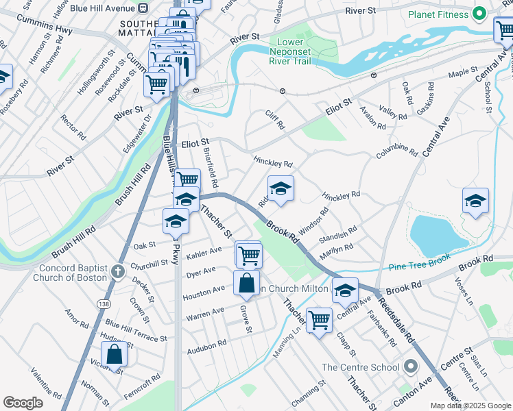 map of restaurants, bars, coffee shops, grocery stores, and more near 20 Ridge Road in Milton