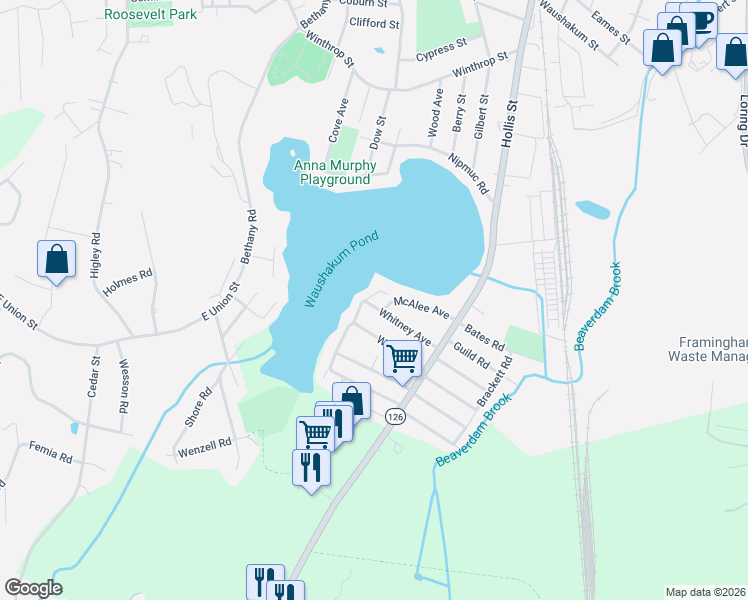 map of restaurants, bars, coffee shops, grocery stores, and more near 37 Miller Avenue in Framingham