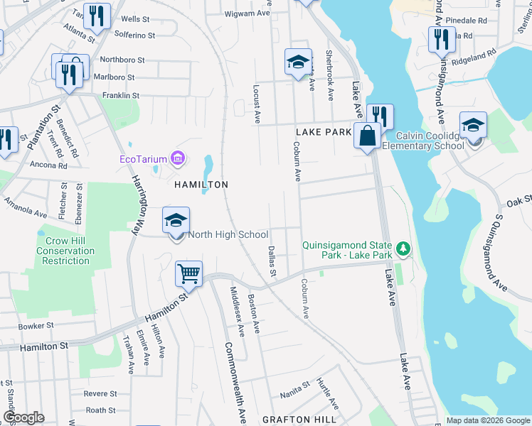 map of restaurants, bars, coffee shops, grocery stores, and more near 40 Dallas Street in Worcester