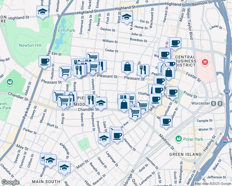 map of restaurants, bars, coffee shops, grocery stores, and more near 77 Chatham Street in Worcester