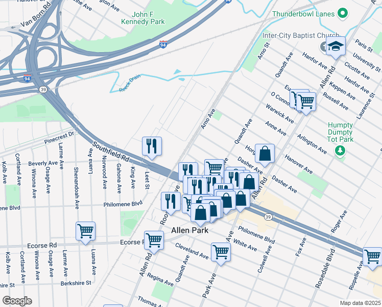 map of restaurants, bars, coffee shops, grocery stores, and more near 16138 Beatrice Avenue in Allen Park