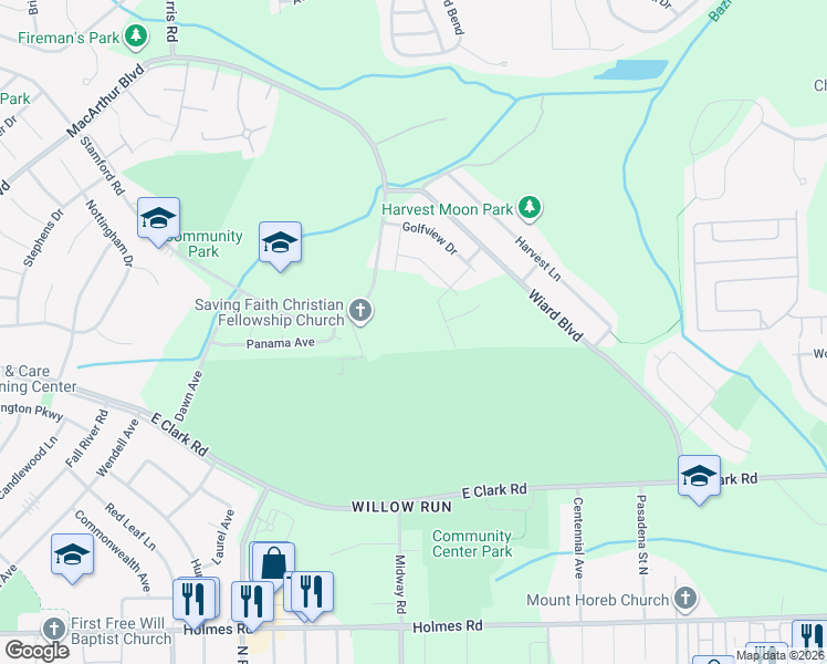 map of restaurants, bars, coffee shops, grocery stores, and more near 1649 Greenway Drive in Superior Charter Township