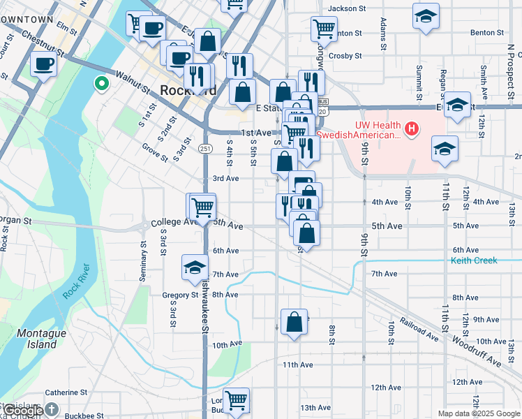 map of restaurants, bars, coffee shops, grocery stores, and more near 504 South 5th Street in Rockford
