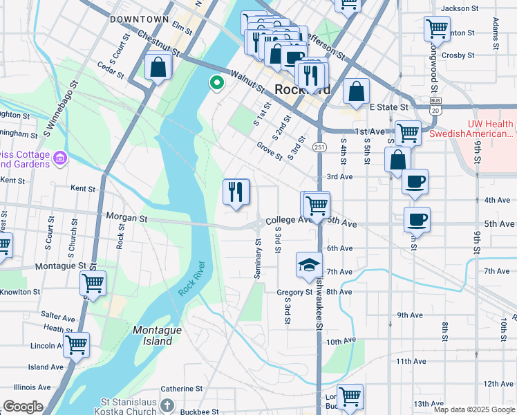 map of restaurants, bars, coffee shops, grocery stores, and more near 515 Seminary Street in Rockford