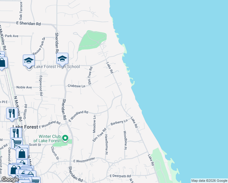 map of restaurants, bars, coffee shops, grocery stores, and more near 788 East Woodland Road in Lake Forest