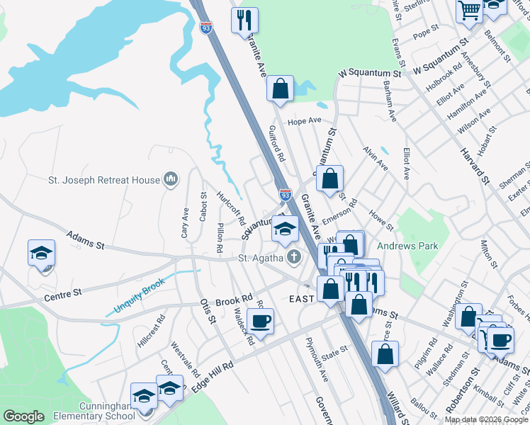 map of restaurants, bars, coffee shops, grocery stores, and more near 30 Squantum Street in Milton
