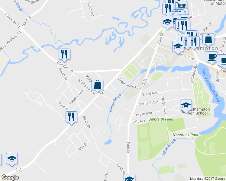 map of restaurants, bars, coffee shops, grocery stores, and more near 11 Norton Street in Easthampton