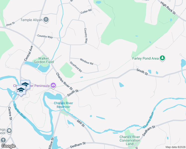 map of restaurants, bars, coffee shops, grocery stores, and more near 157 Stratford Road in Needham