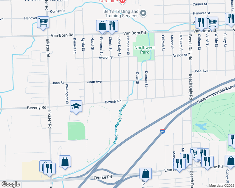 map of restaurants, bars, coffee shops, grocery stores, and more near 6374 John Daly Street in Taylor
