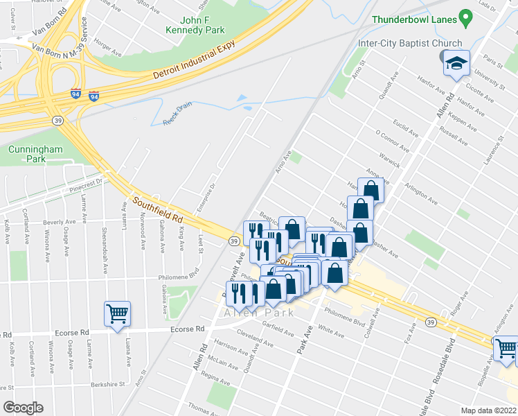 map of restaurants, bars, coffee shops, grocery stores, and more near 16138 Beatrice Avenue in Allen Park