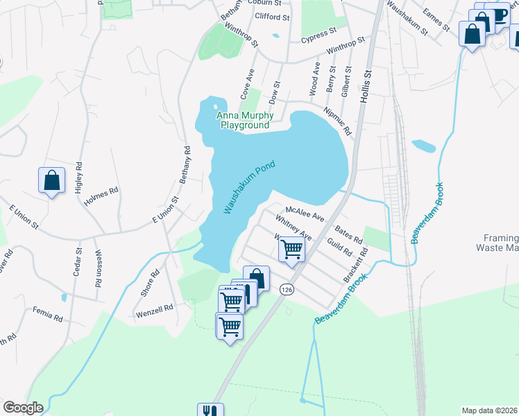 map of restaurants, bars, coffee shops, grocery stores, and more near 24 Miller Avenue in Framingham