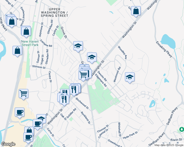 map of restaurants, bars, coffee shops, grocery stores, and more near 5155 Washington Street in Boston