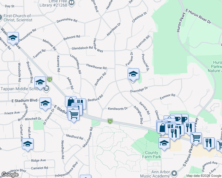 map of restaurants, bars, coffee shops, grocery stores, and more near 2670 Bedford Road in Ann Arbor