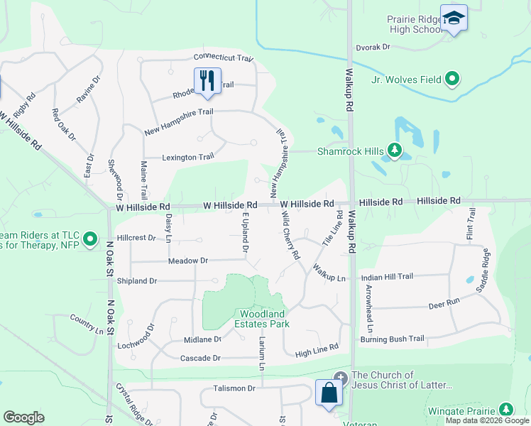map of restaurants, bars, coffee shops, grocery stores, and more near 6605 West Hillside Road in Crystal Lake