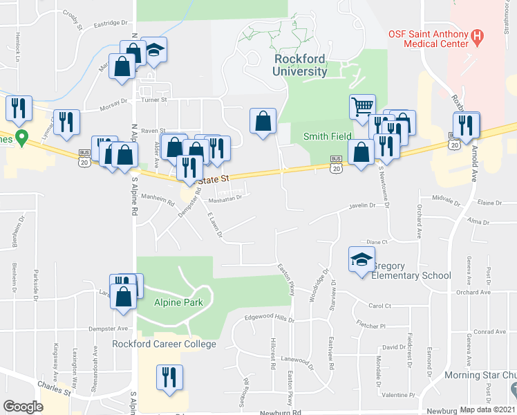 map of restaurants, bars, coffee shops, grocery stores, and more near 4872 Creekview Road in Rockford
