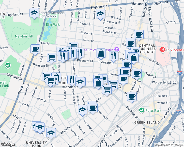 map of restaurants, bars, coffee shops, grocery stores, and more near 77 Chatham Street in Worcester