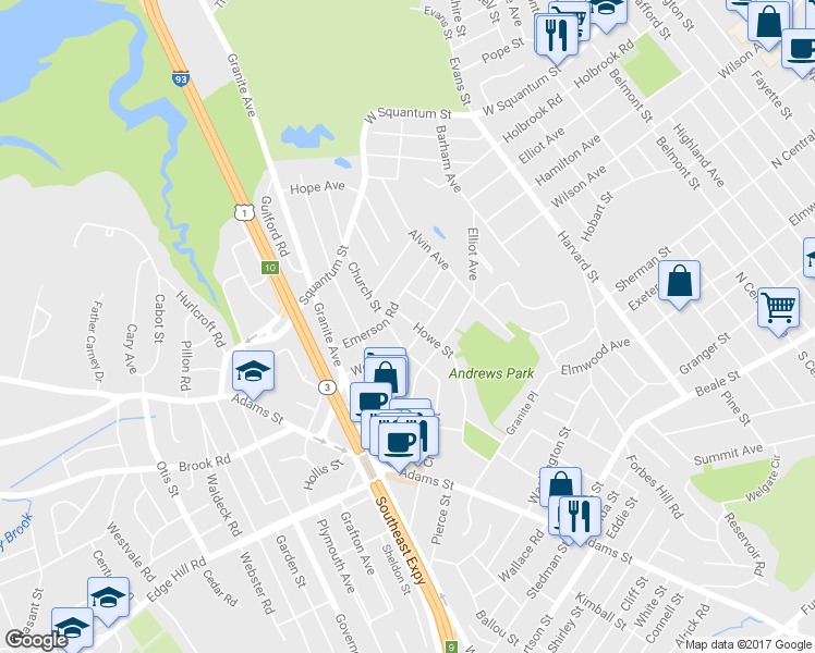 map of restaurants, bars, coffee shops, grocery stores, and more near 19 Howe Street in Milton
