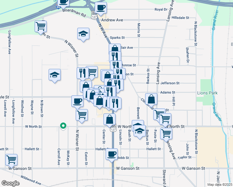 map of restaurants, bars, coffee shops, grocery stores, and more near 1023 North West Avenue in Jackson