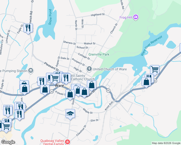 map of restaurants, bars, coffee shops, grocery stores, and more near 49 Church Street in Ware