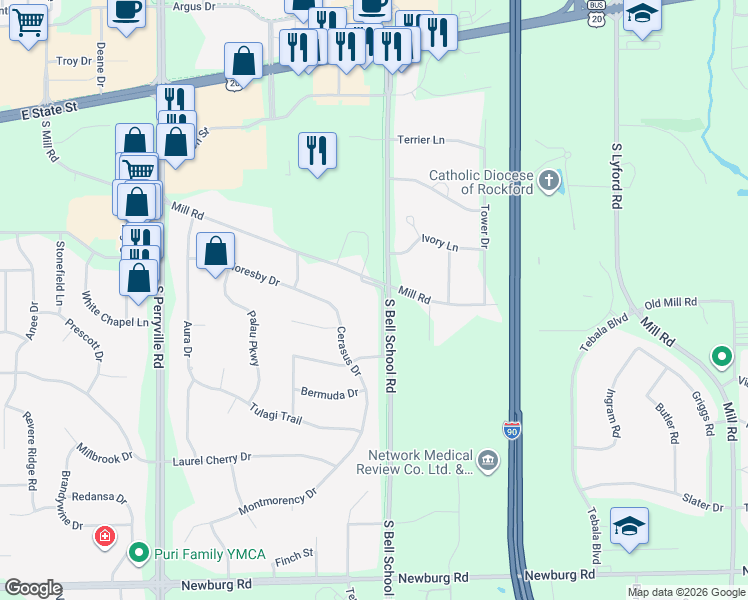 map of restaurants, bars, coffee shops, grocery stores, and more near 905 South Bell School Road in Rockford