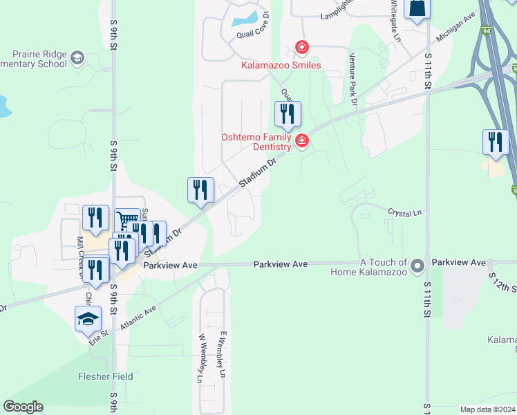 map of restaurants, bars, coffee shops, grocery stores, and more near 2935 Danford Creek Drive in Kalamazoo