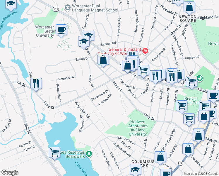 map of restaurants, bars, coffee shops, grocery stores, and more near 30 Fairlawn Drive in Worcester