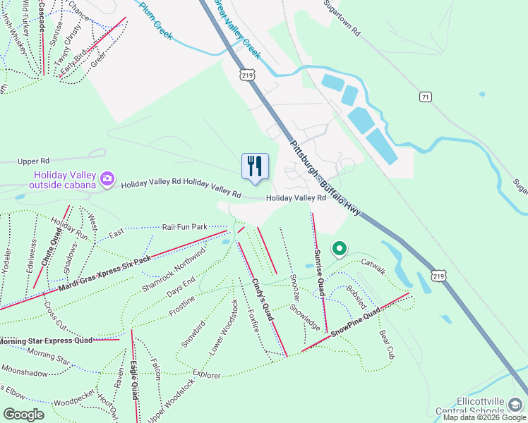 map of restaurants, bars, coffee shops, grocery stores, and more near 6447 Holiday Valley Road in Ellicottville