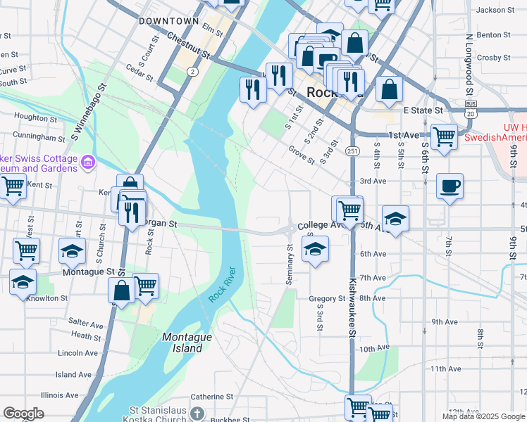 map of restaurants, bars, coffee shops, grocery stores, and more near 515 Seminary Street in Rockford