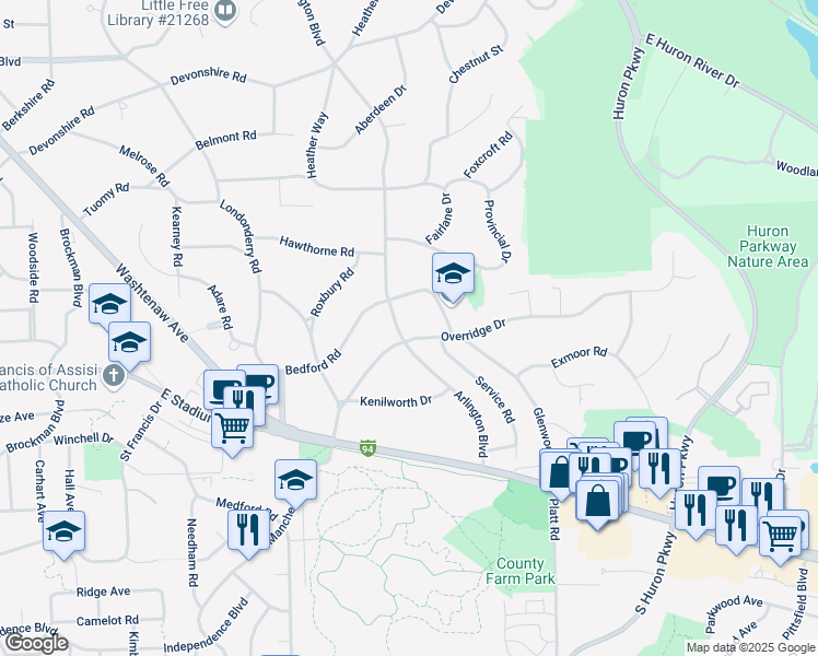 map of restaurants, bars, coffee shops, grocery stores, and more near 1573 Arlington Boulevard in Ann Arbor
