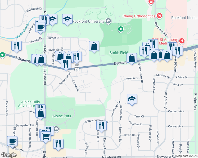 map of restaurants, bars, coffee shops, grocery stores, and more near 49 East State Street in Rockford