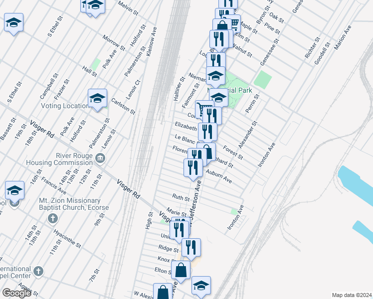 map of restaurants, bars, coffee shops, grocery stores, and more near 30 Florence Street in River Rouge