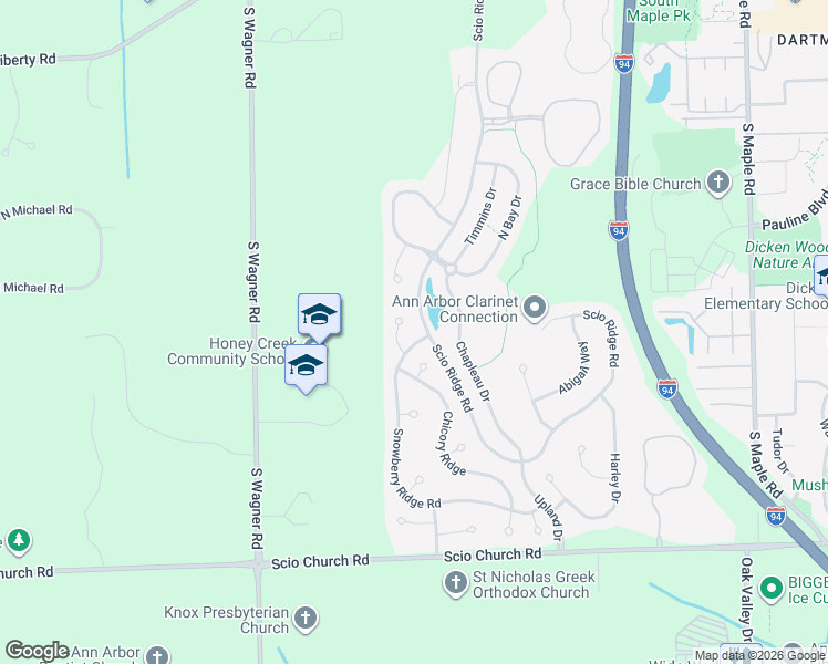 map of restaurants, bars, coffee shops, grocery stores, and more near 3224 Bellflower Court in Ann Arbor