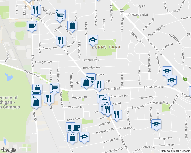 map of restaurants, bars, coffee shops, grocery stores, and more near 1424 Morton Avenue in Ann Arbor