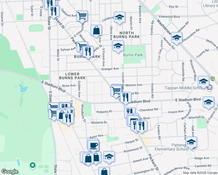 map of restaurants, bars, coffee shops, grocery stores, and more near 1546 Packard Street in Ann Arbor
