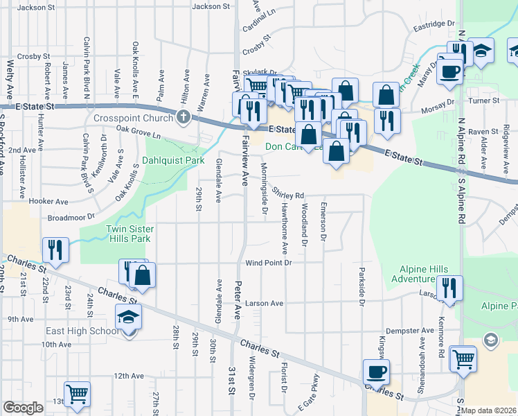 map of restaurants, bars, coffee shops, grocery stores, and more near 417 Morningside Drive in Rockford