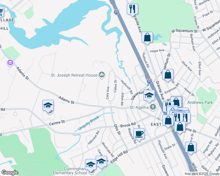 map of restaurants, bars, coffee shops, grocery stores, and more near 61 Cary Avenue in Milton