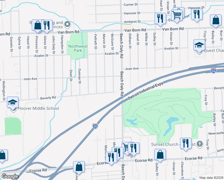 map of restaurants, bars, coffee shops, grocery stores, and more near 6395 McGuire Street in Taylor