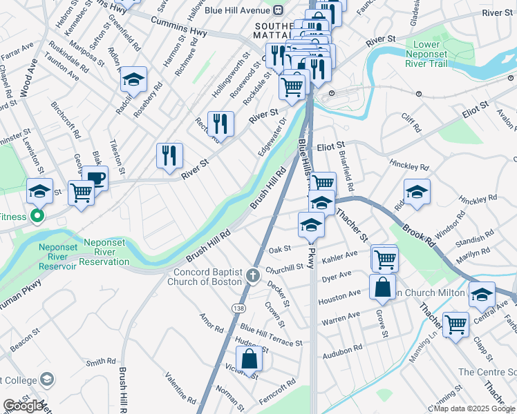 map of restaurants, bars, coffee shops, grocery stores, and more near 82 Brush Hill Road in Milton