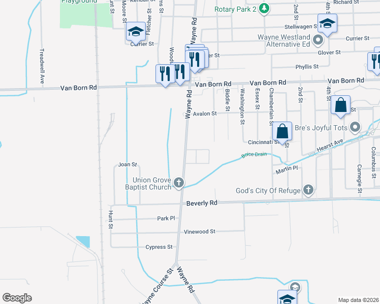 map of restaurants, bars, coffee shops, grocery stores, and more near 35519 North Alexander Street in Romulus