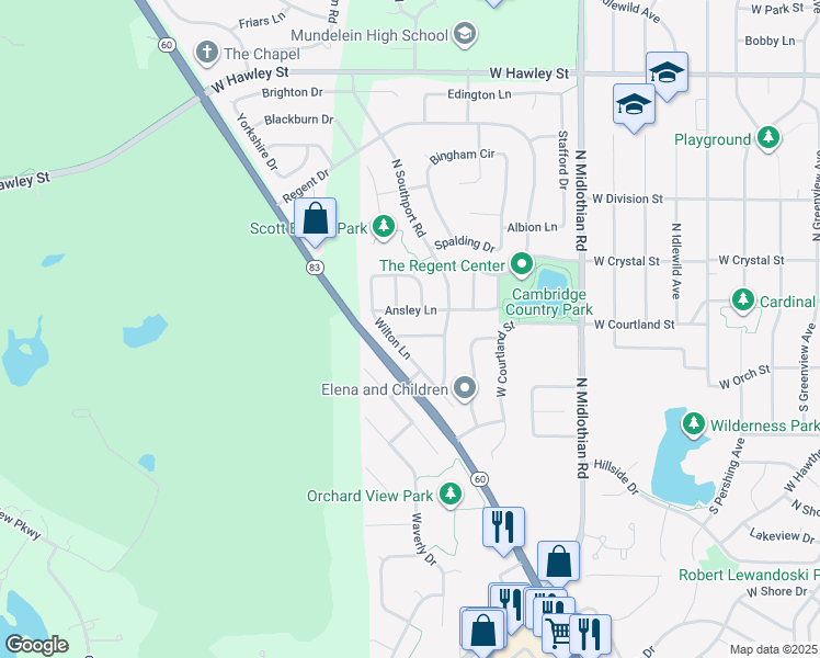 map of restaurants, bars, coffee shops, grocery stores, and more near 1512 Trescott Street in Mundelein