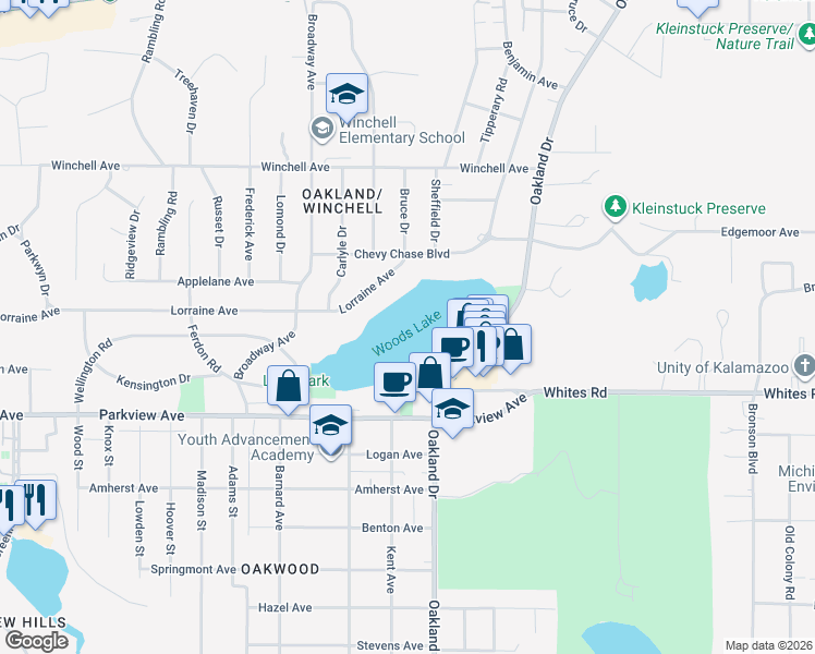 map of restaurants, bars, coffee shops, grocery stores, and more near 2201-2343 Lorraine Avenue in Kalamazoo