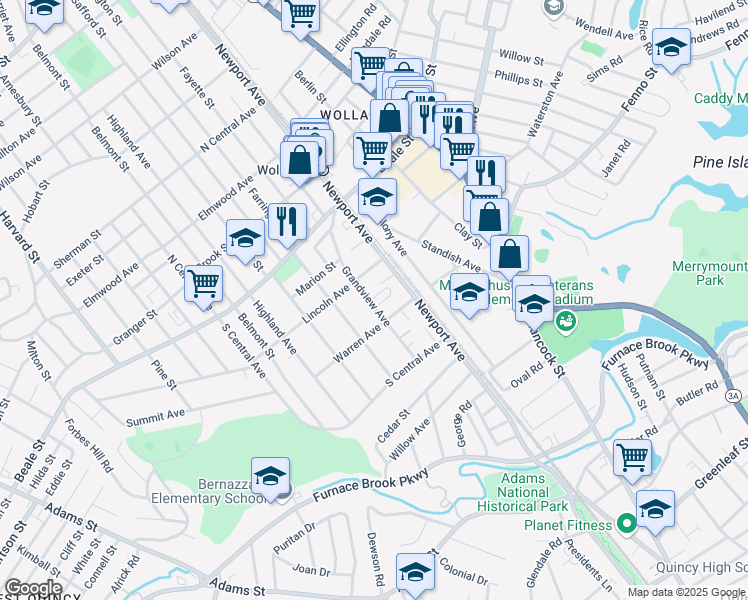 map of restaurants, bars, coffee shops, grocery stores, and more near 100 Grandview Avenue in Quincy